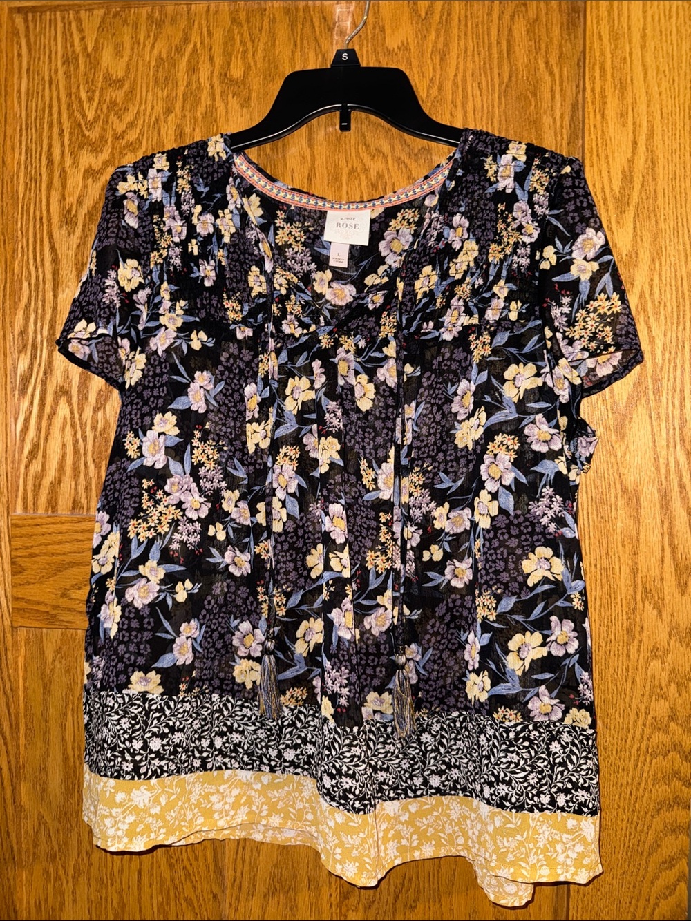 Knox Rose Navy Floral Border Short Sleeve Peasant Top